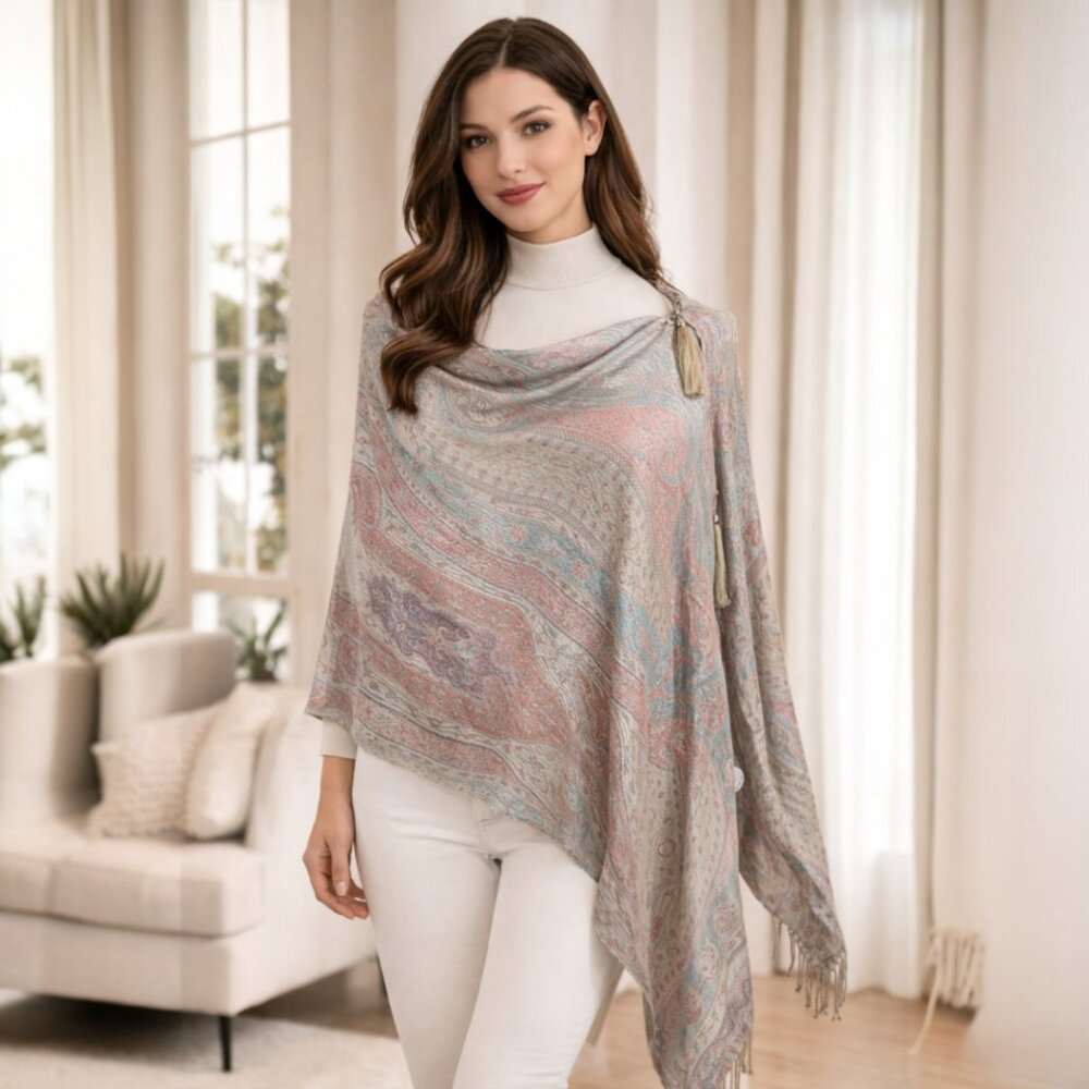Beige Heather 100% Silk Pashmina Poncho Tassel Accents Scarf
